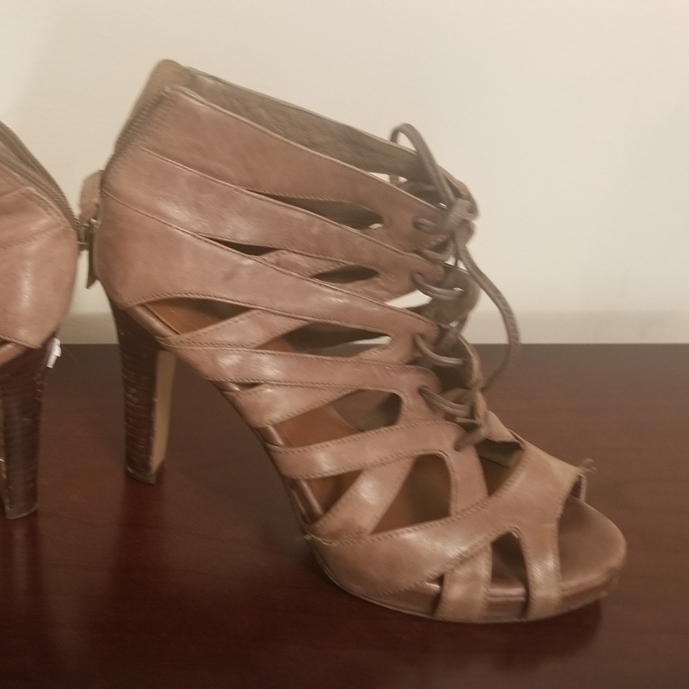 Tan leather lace up cage sandals